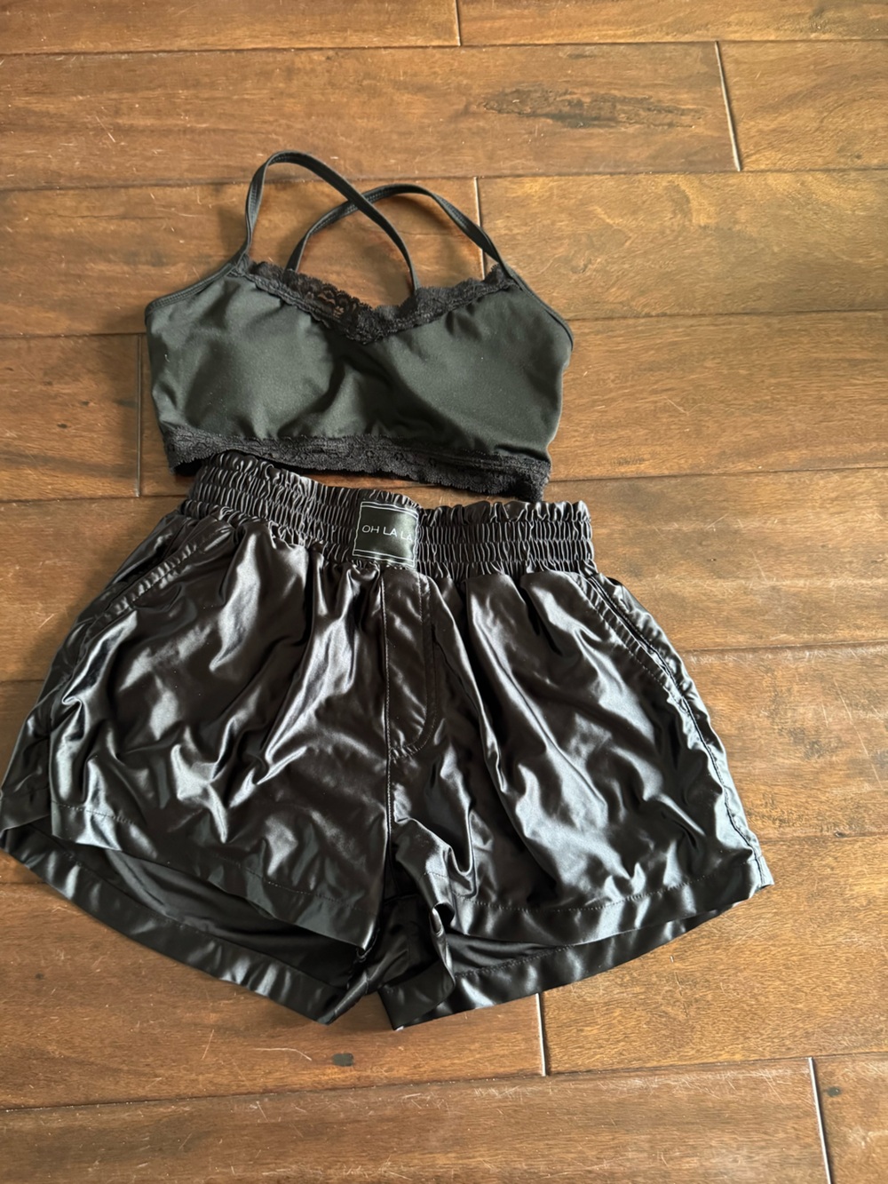 Black Lace-Trim Bandeau Bralette with Satin Lounge Shorts Set